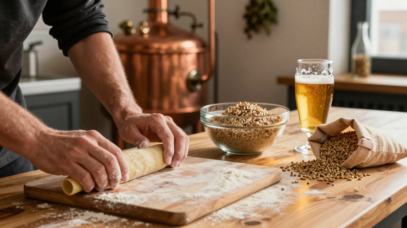 Person rolling dough on a floured board next to barley grains and a glass of beer on a wooden table.