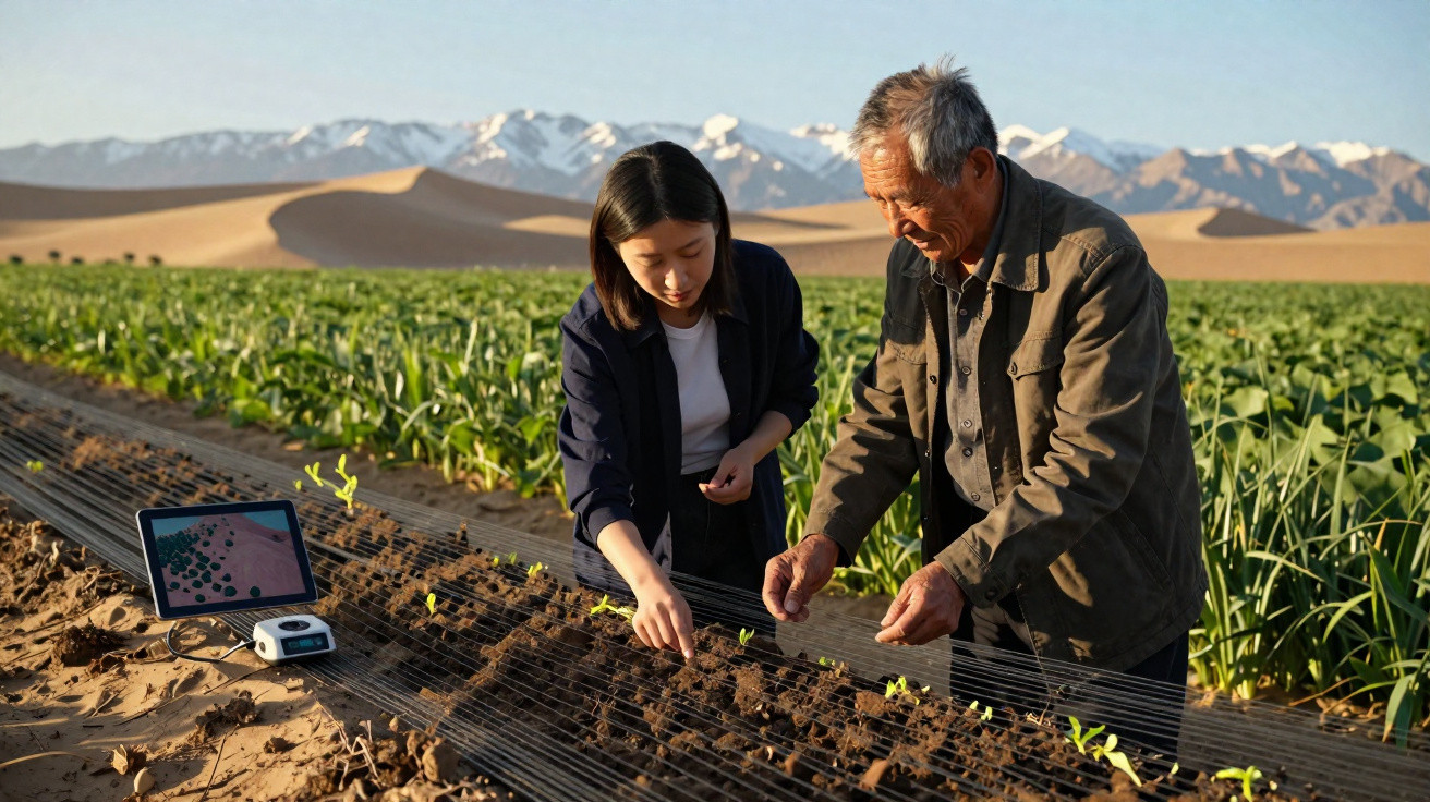 Two people inspecting young plants in a field with mountains in the background and a tablet on the soil.