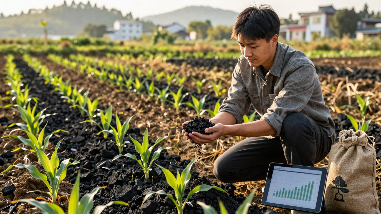 Young farmer inspecting soil quality in a cornfield with a tablet showing growth data nearby.