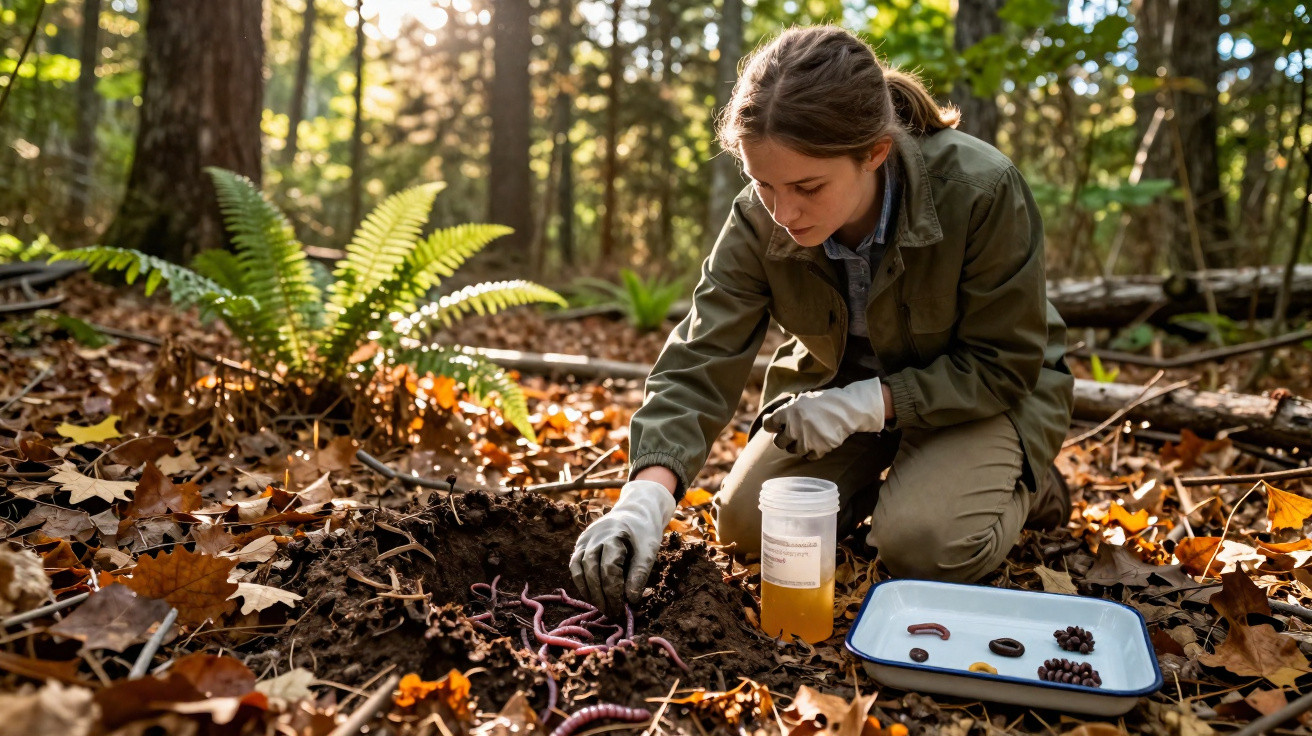 Young woman wearing gloves examining earthworms in forest soil during a scientific study outdoors.