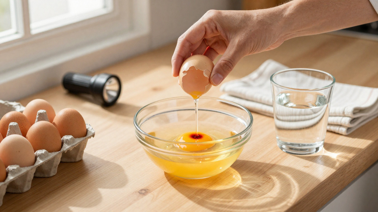 Hand cracking an egg into a glass bowl on a wooden table next to eggs, a glass of water, and a flashlight.