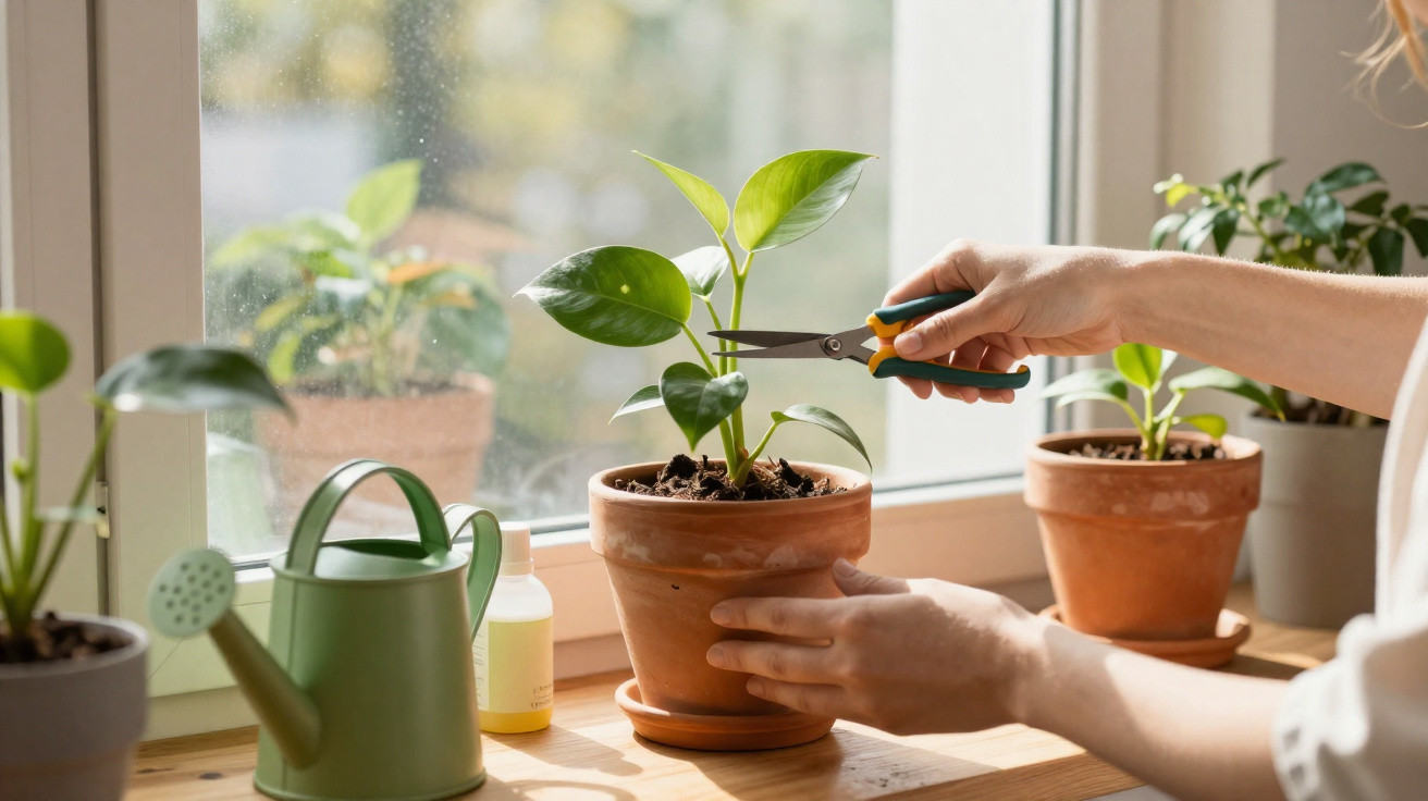 Hands pruning a leafy houseplant in a terracotta pot on a sunny windowsill with other plants nearby.