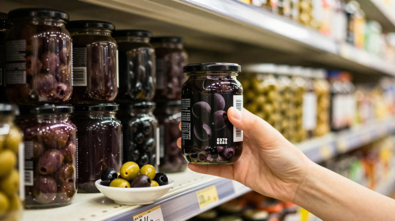Hand holding a jar of black olives on a supermarket shelf with more jars and a bowl of olives nearby.