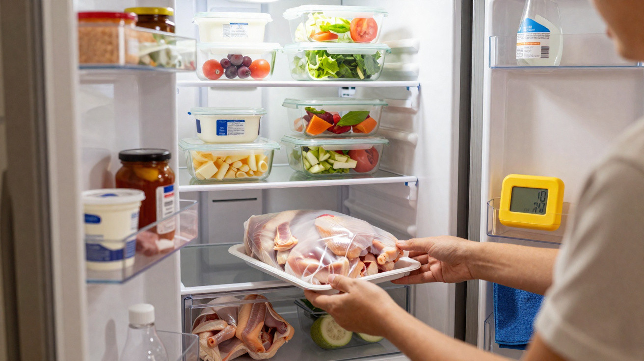 Person placing a tray of raw chicken meat into a fridge stocked with containers of fruits and vegetables.