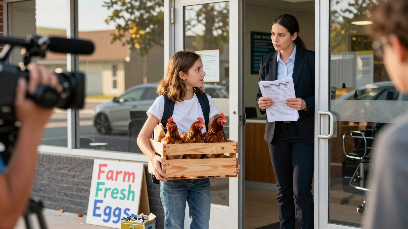 Girl carrying crate of live chickens talks to woman holding papers outside building while being filmed