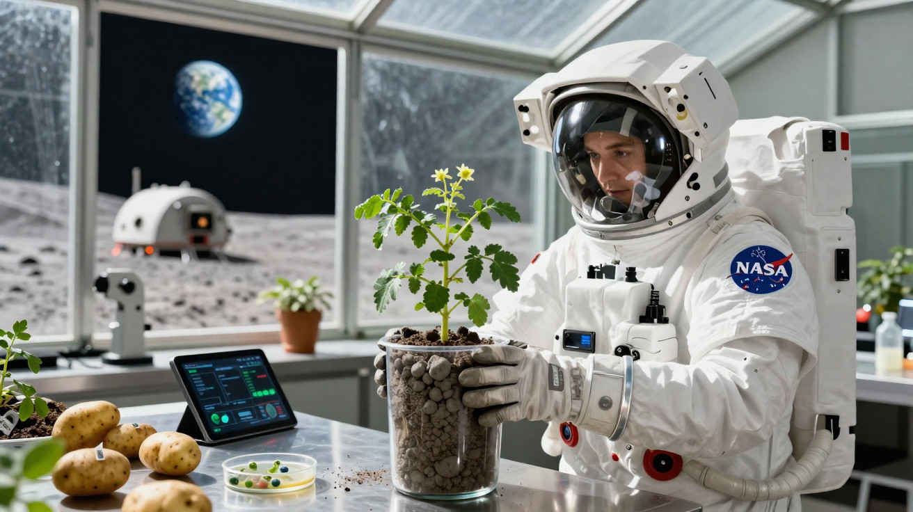 Astronaut in a NASA suit examining a potted plant inside a lunar base with Earth visible through the window.