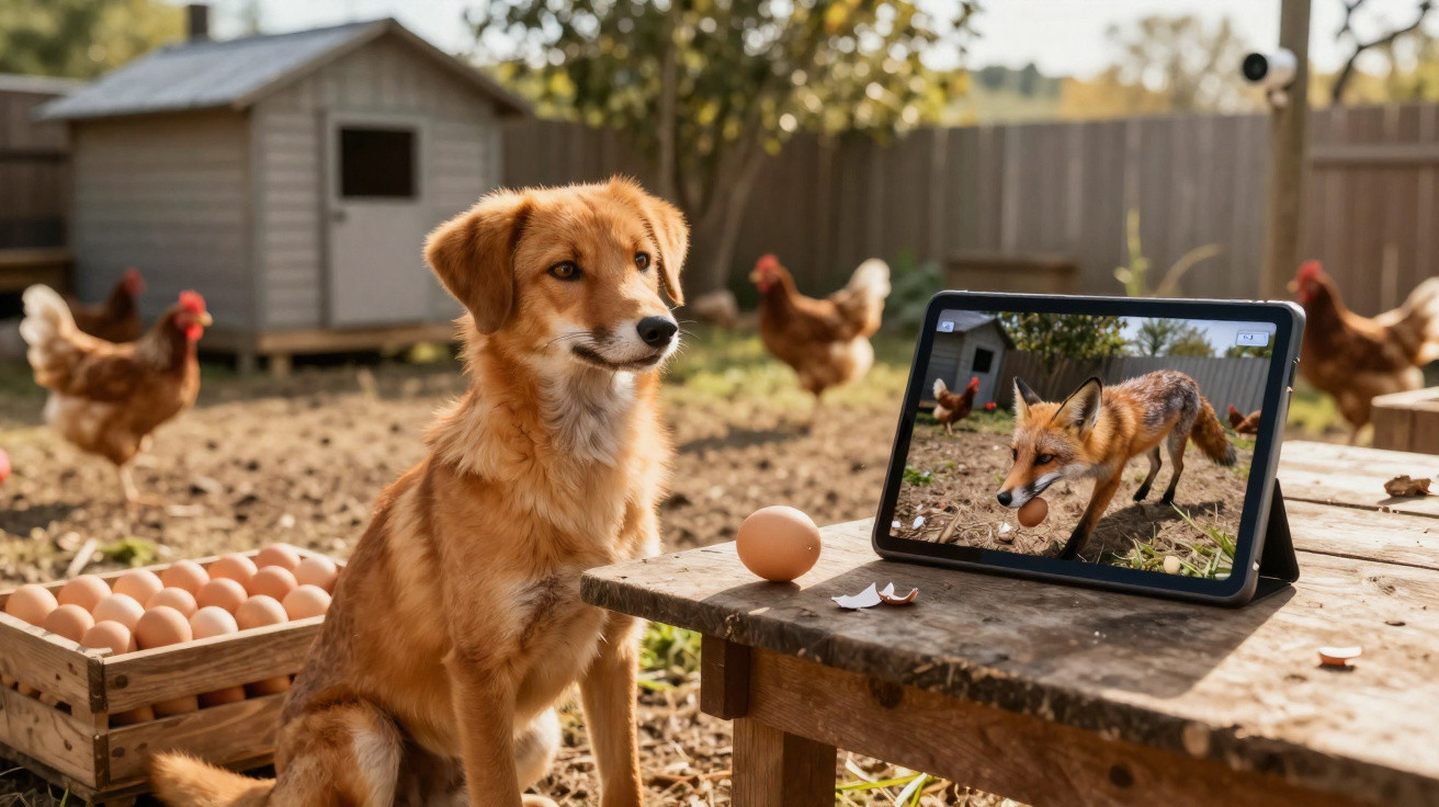 Dog looking at a tablet showing a fox stealing an egg in a chicken coop with hens and egg crates nearby.