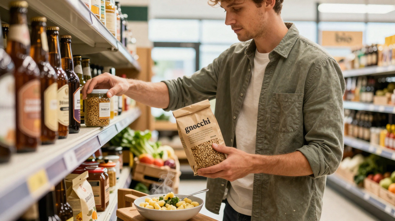 Man in casual clothes shopping for gnocchi in a supermarket aisle with fresh food stall nearby.