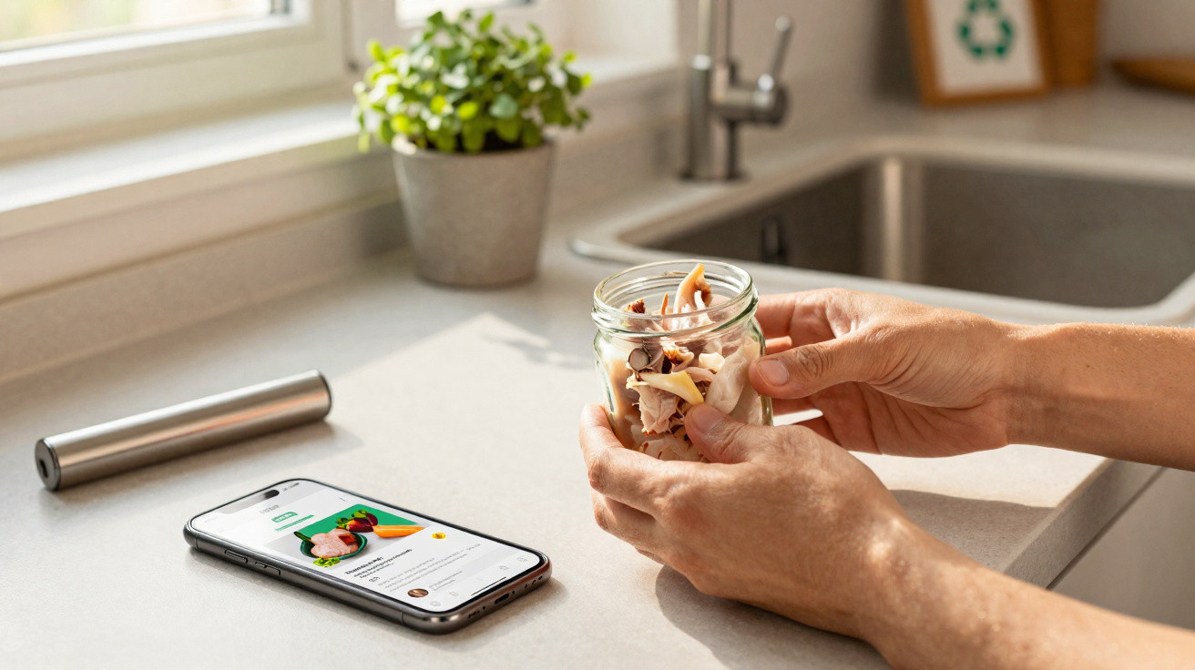 Person holding a jar filled with food scraps next to a smartphone showing a food-related app on a kitchen counter.