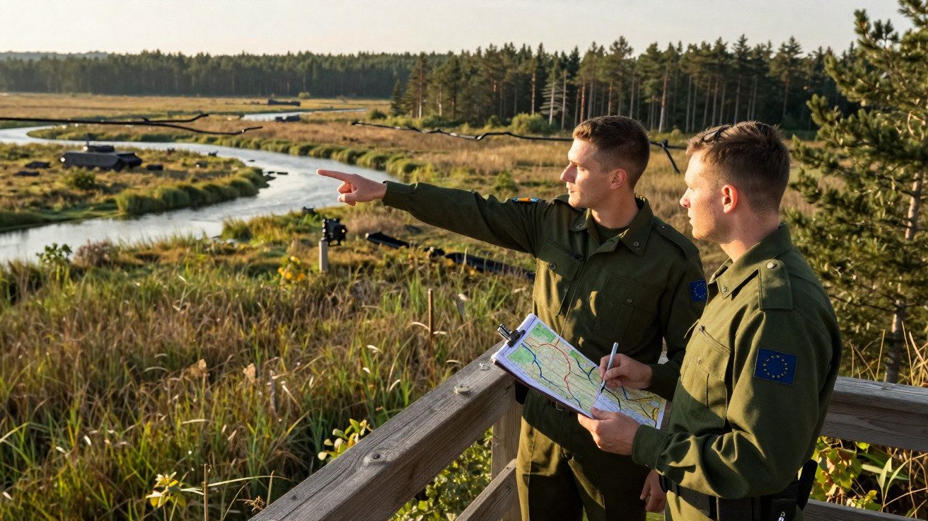 Two soldiers in uniform study a map and point across a marshland area near a river at sunset.