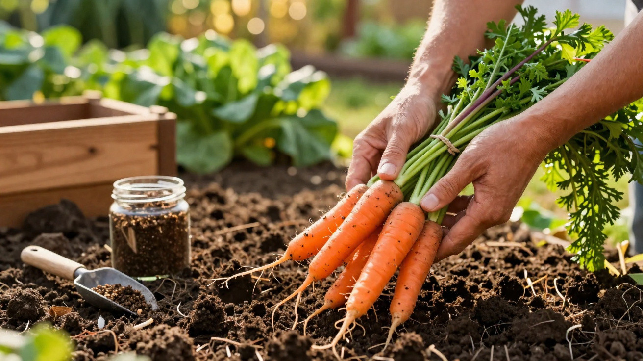 Hands holding freshly picked bunch of carrots over soil in a vegetable garden with seeds and trowel nearby.