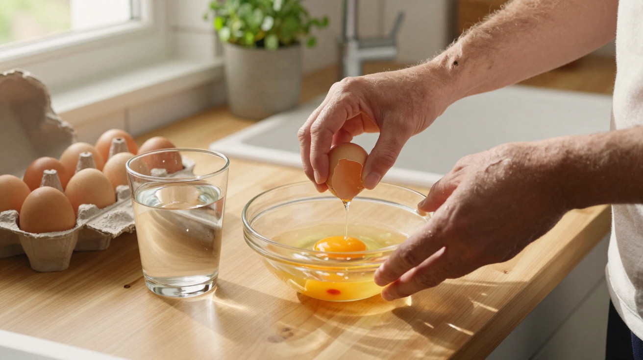 Hands cracking an egg into a glass bowl on a wooden kitchen countertop next to a glass of water and egg carton.