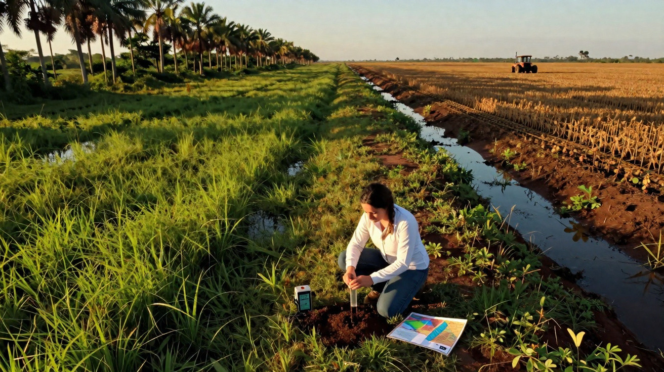 Woman testing soil in a green field next to a dry crop area with a tractor in the background at sunset.
