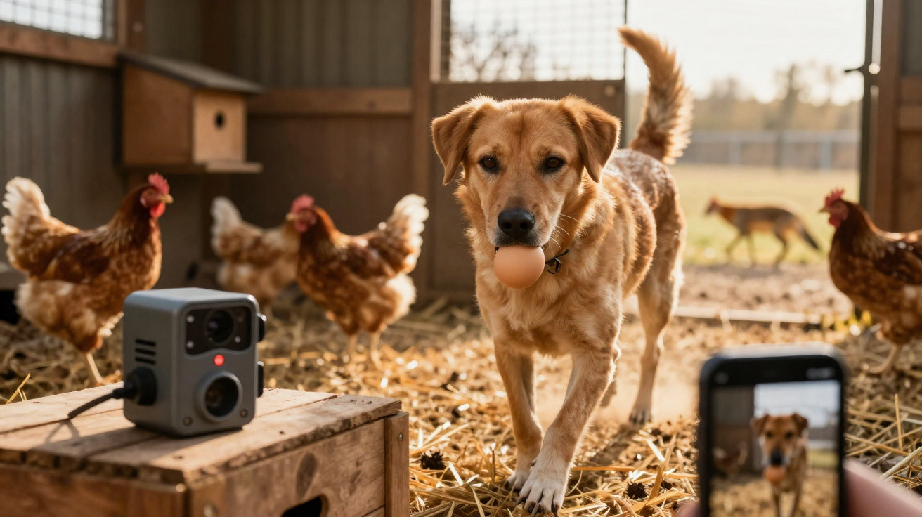 Golden dog carrying an egg in its mouth inside a chicken coop with hens and a camera on a wooden crate.