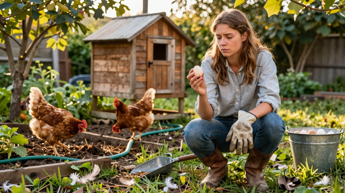 Woman in gardening gloves inspecting a fresh egg near chickens and a wooden coop in a backyard garden.