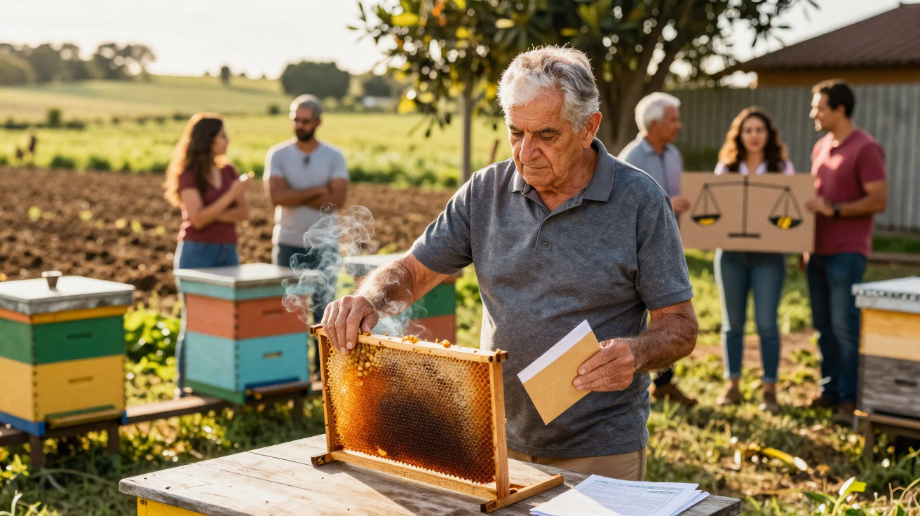 Elderly man inspecting a honeycomb frame with smoke from beehives, while four people discuss in the background.