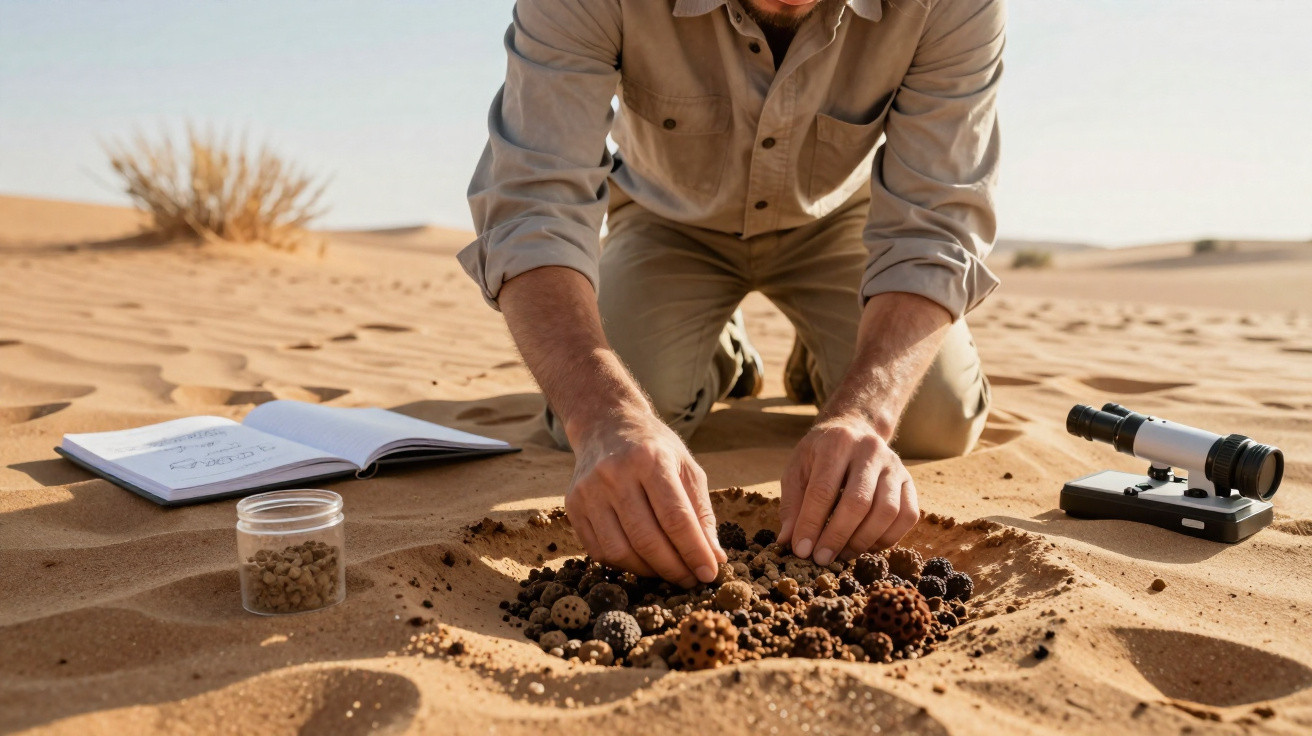 Person kneeling in desert examining and sorting round brown seed pods with scientific equipment nearby
