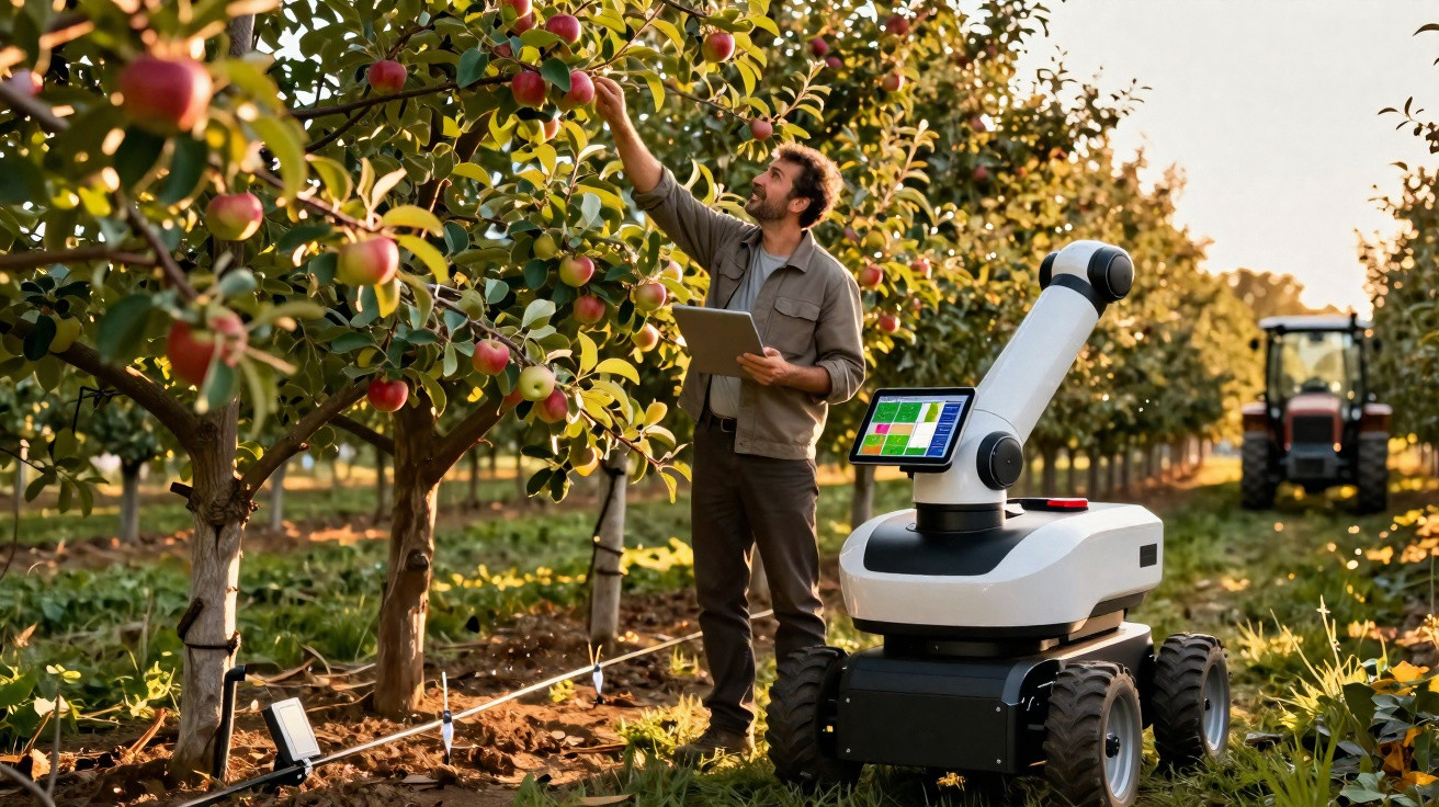 Man using a tablet next to a robotic device inspecting apple trees in an orchard with a tractor in the background