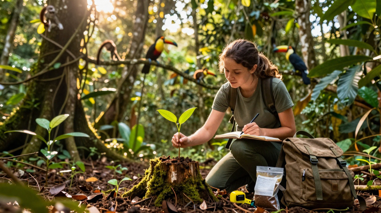 Young woman documenting a plant growing from a mossy tree stump in a tropical rainforest with toucans perched nearby.