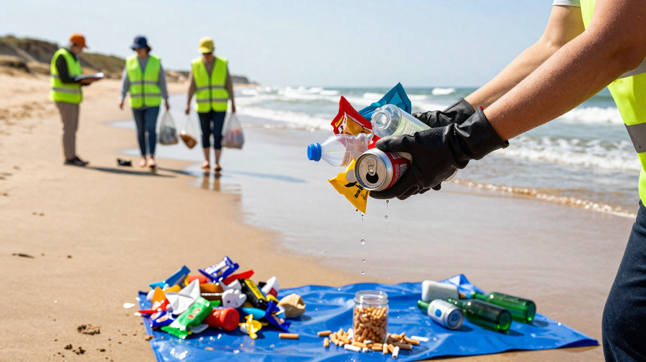 Volunteers wearing high-visibility vests picking up plastic and cans during a beach cleanup on a sunny day.