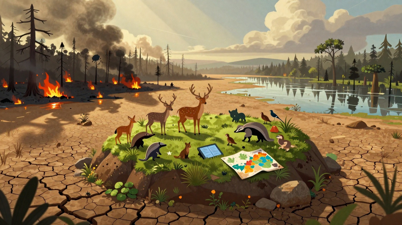 Small patch of green land with animals contrasts with surrounding forest fire and cracked, dry soil under a cloudy sky.