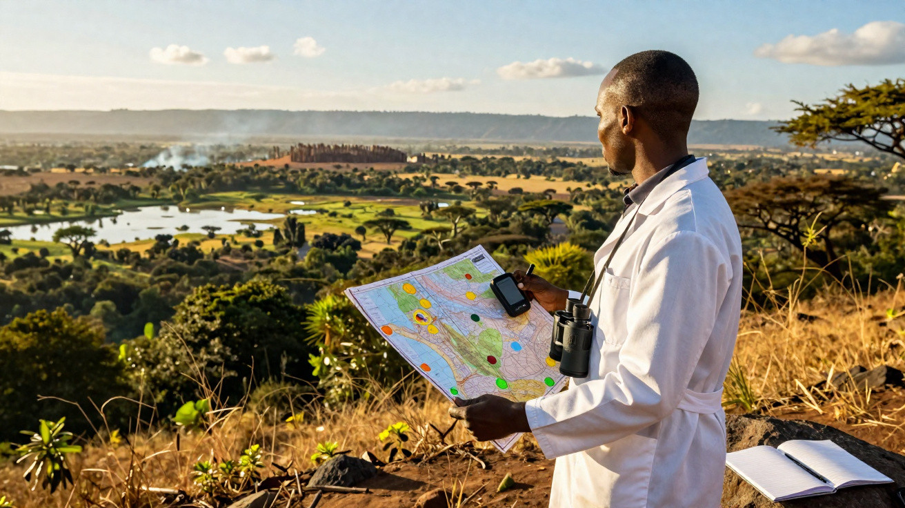 Man in white coat holding map and GPS device overlooking savannah landscape with lake and acacia trees.