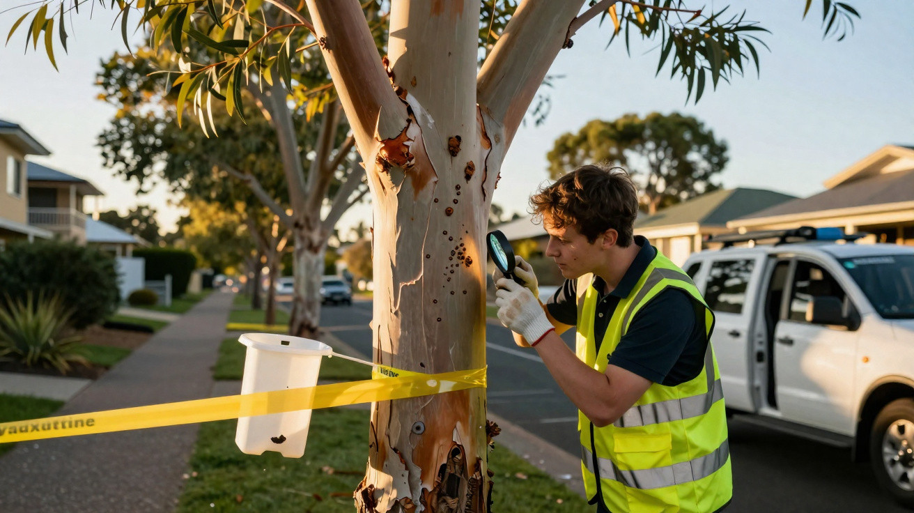 Man in high-visibility vest examining a tree with bark damage using a magnifying glass on a suburban street.