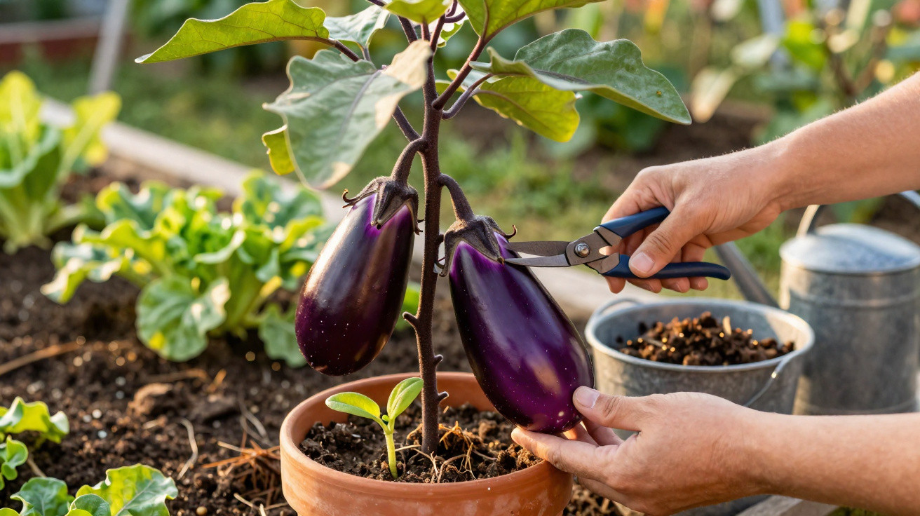 Hands harvesting ripe purple aubergines from a plant in a terracotta pot in a garden.